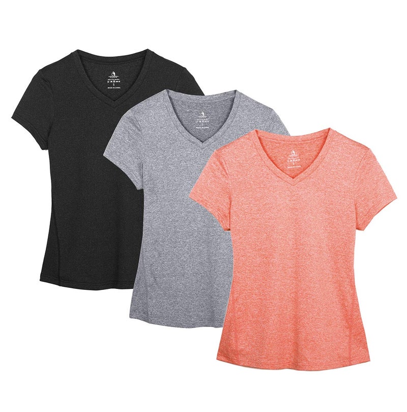 icyzone Workout Shirts Yoga Tops Activewear V-Neck T-Shirts for Women Running Fitness Sports Short Sleeve Tees (M, Black/Granite/Peach) - Image 1